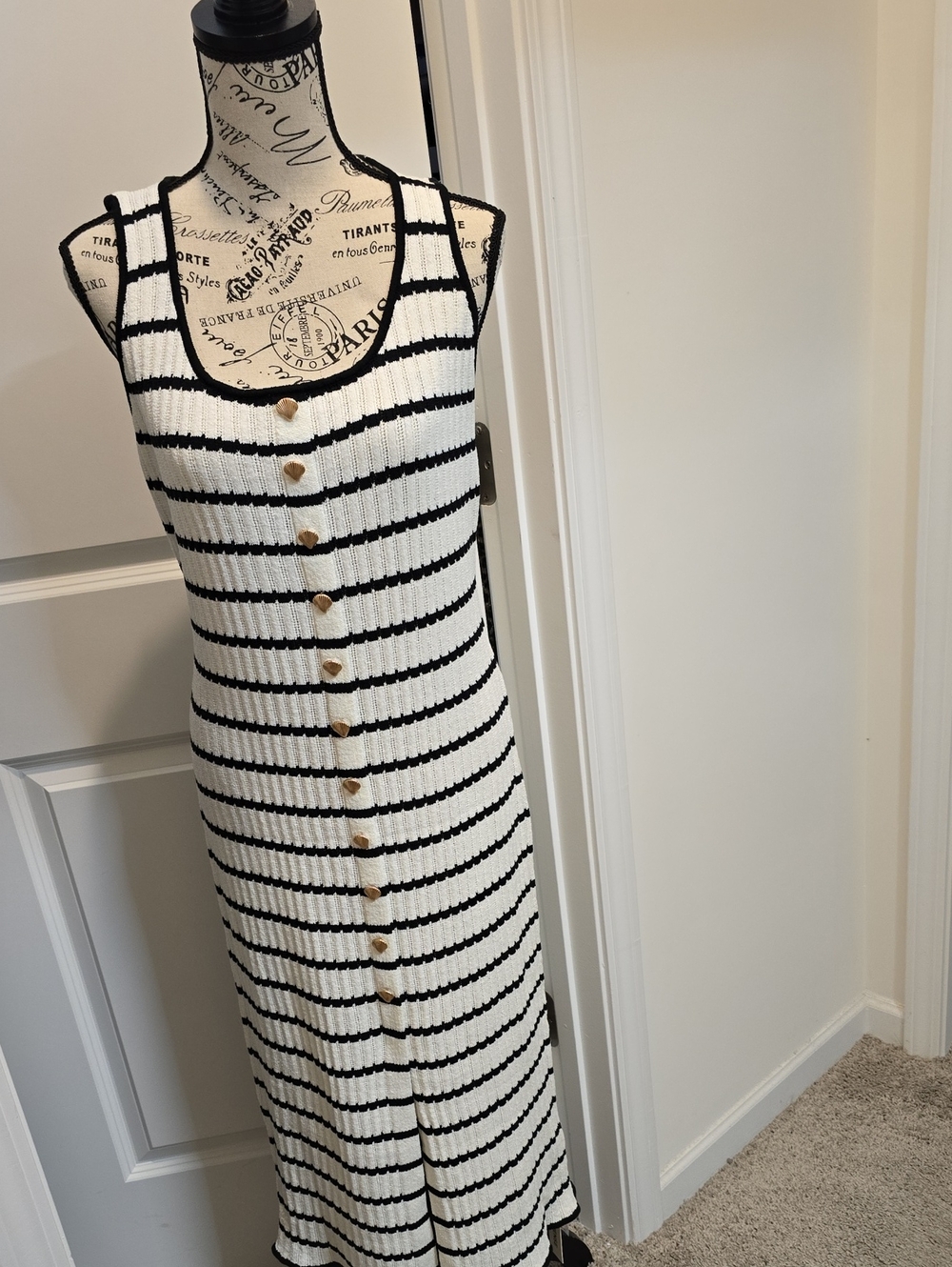 Commense - Black & White Striped Button-Front Maxi Dress